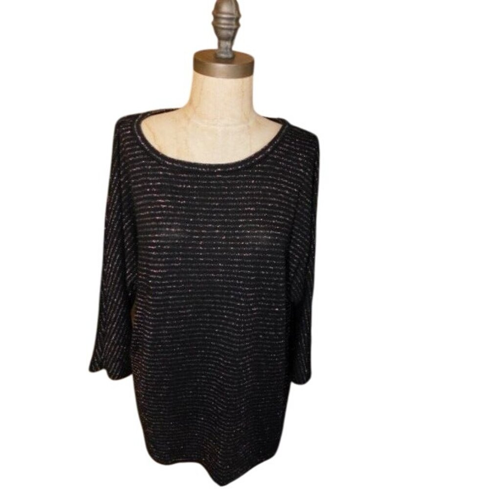 Chico's Size XL (3) Black Silver Metallic 3/4 Sleeve Knit Top